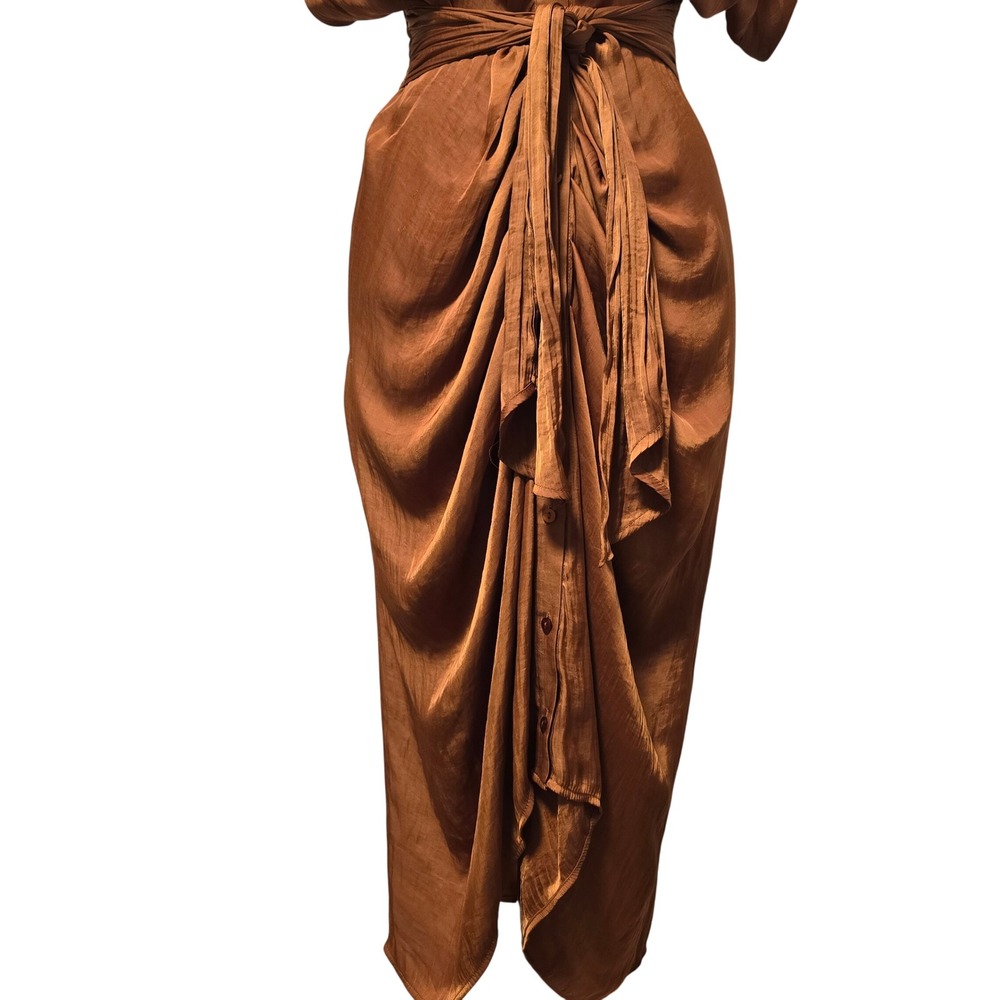 Steve Madden Women's Satin Draped Midi Shirt Dress Bronze Button Tie Waist Sz 6 - Picture 5 of 12